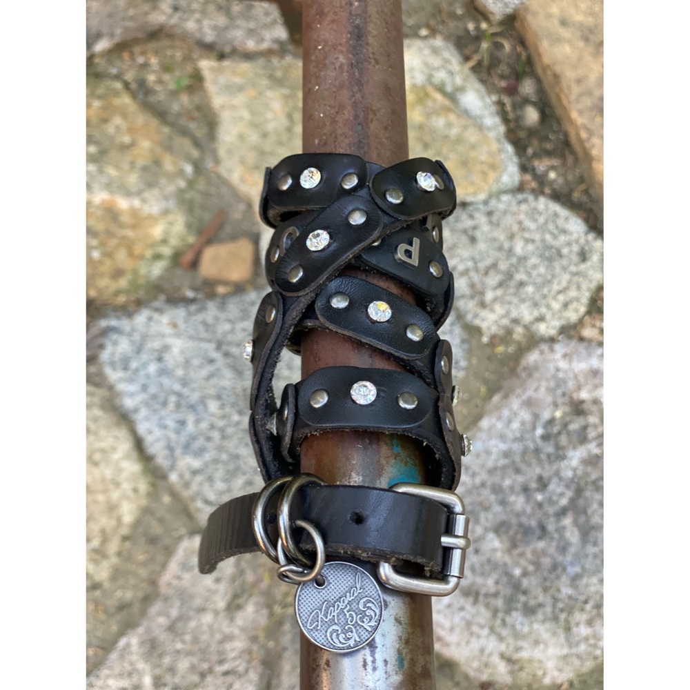 VNtG Y2K KAPORAL Leather Stud Rhinestone Skinny Belt Black Silver Wrap 90cm 34in - Picture 4 of 14